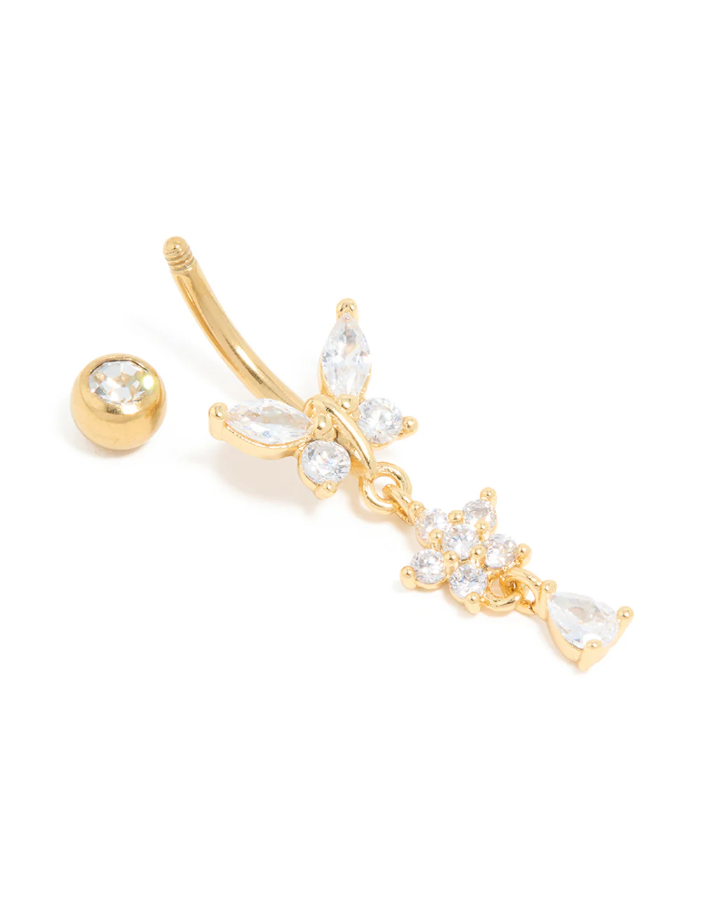 Gold Plated Surgical Steel Cubic Zirconia Butterfly Flower Drop Belly Bar - Image 3