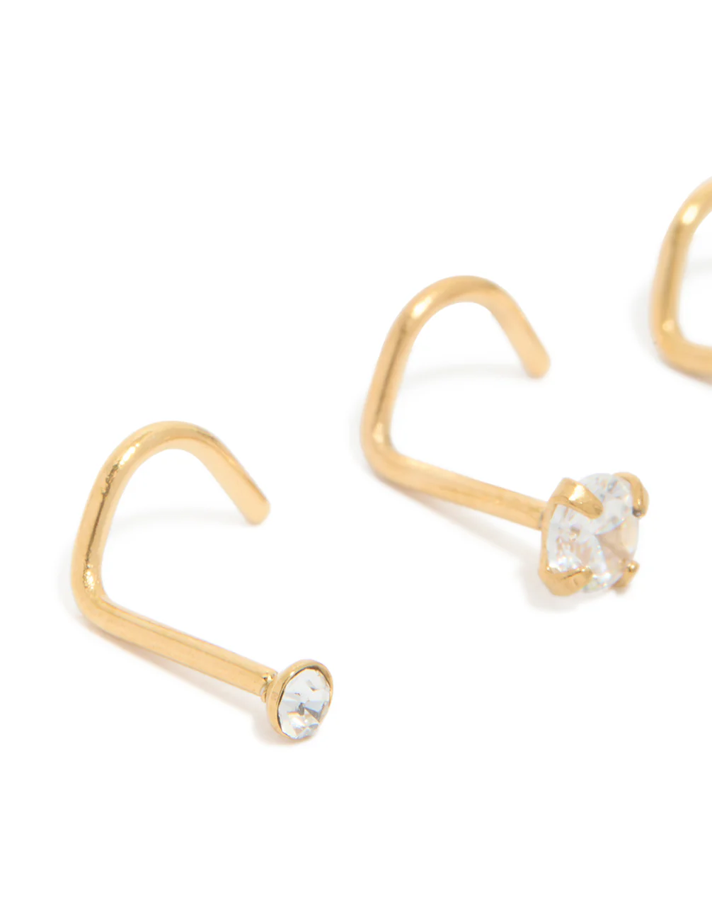 Gold Plated Surgical Steel Cubic Zirconia Cork Screw Nose Studs 3-Pack - Image 2