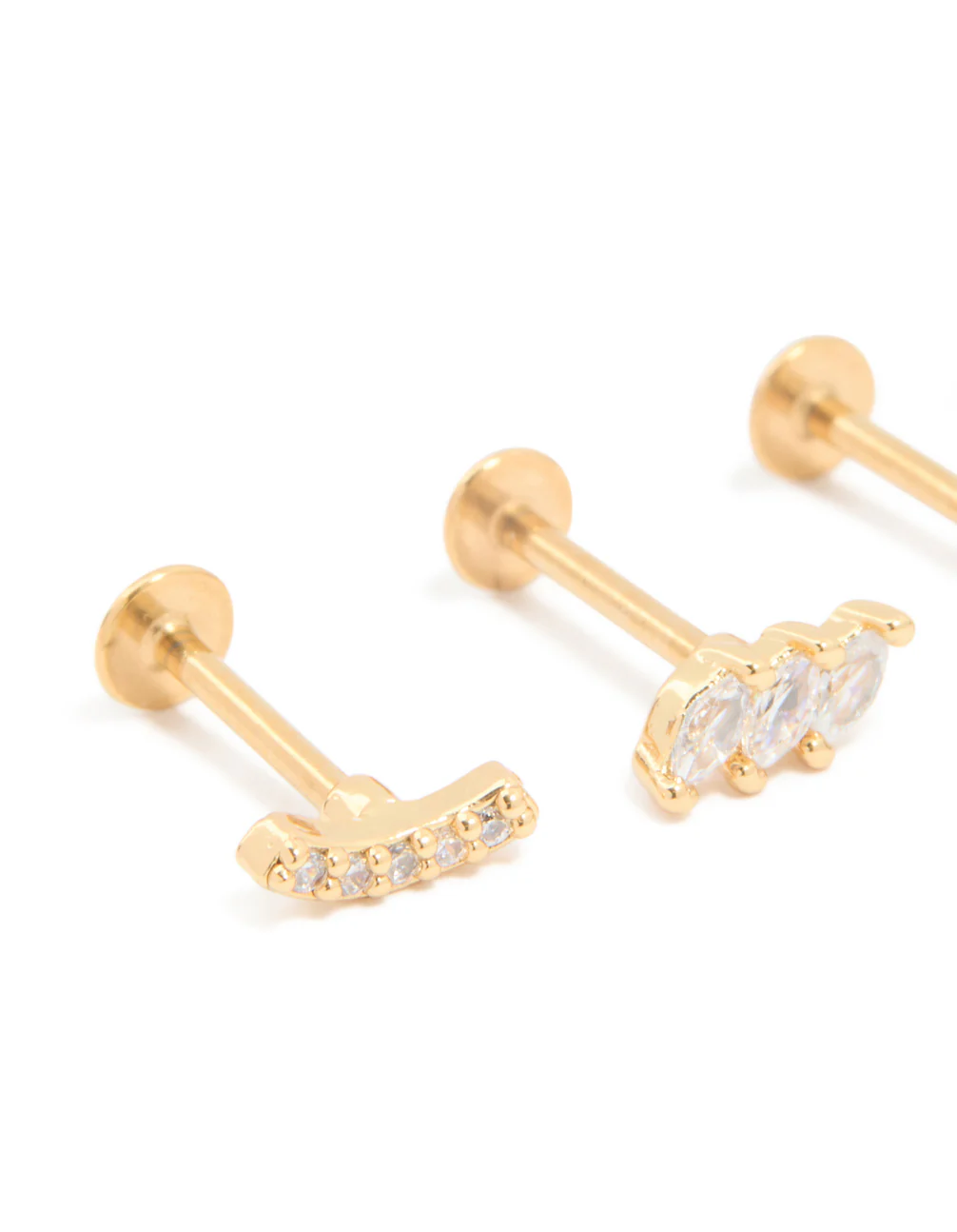 Gold Plated Surgical Steel Cubic Zirconia Crawler Flat Back Studs 3-Pack - Image 2