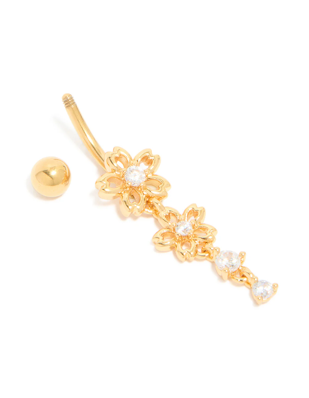 Gold Plated Surgical Steel Cubic Zirconia Double Flower Belly Bar - Image 3
