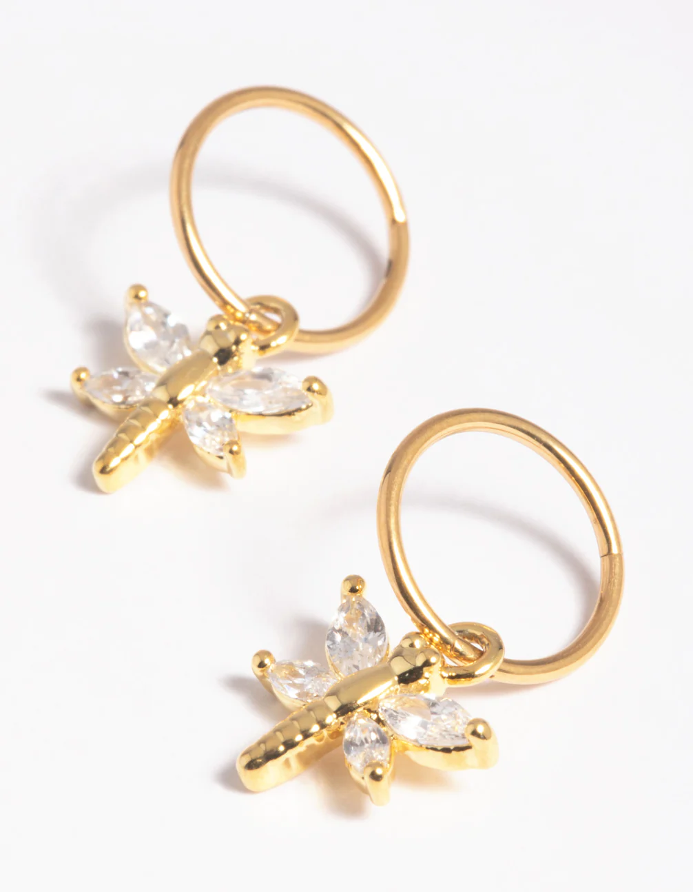Gold Plated Surgical Steel Cubic Zirconia Dragonfly Hoop Earrings - Image 2
