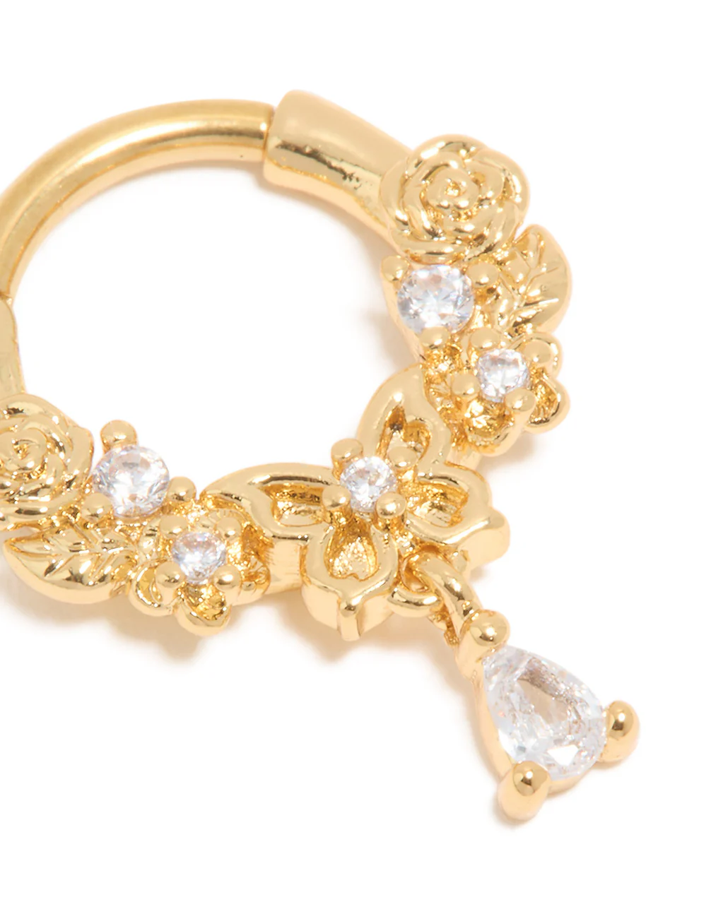 Gold Plated Surgical Steel Cubic Zirconia Floral Drop Clicker Ring - Image 2