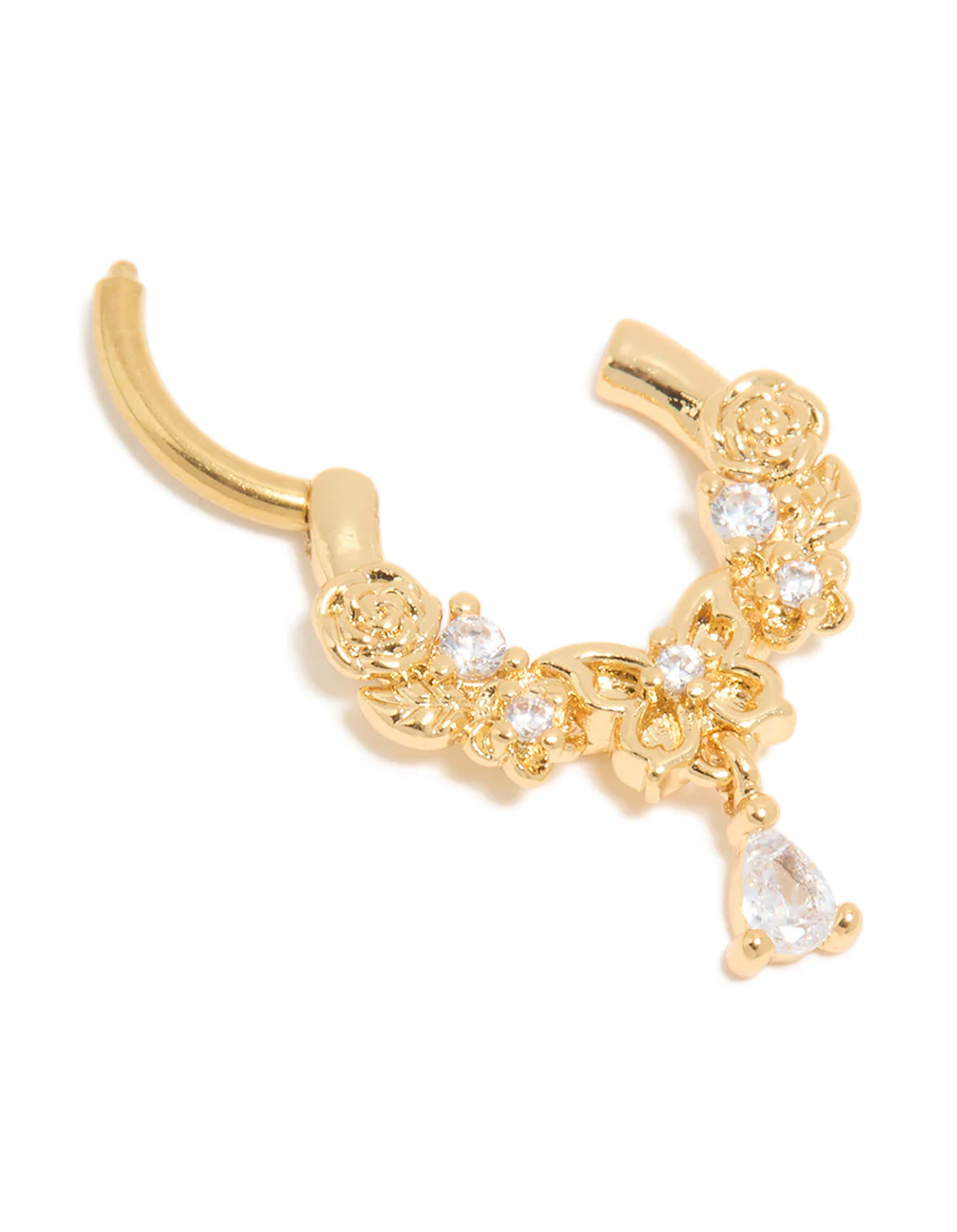 Gold Plated Surgical Steel Cubic Zirconia Floral Drop Clicker Ring - Image 3