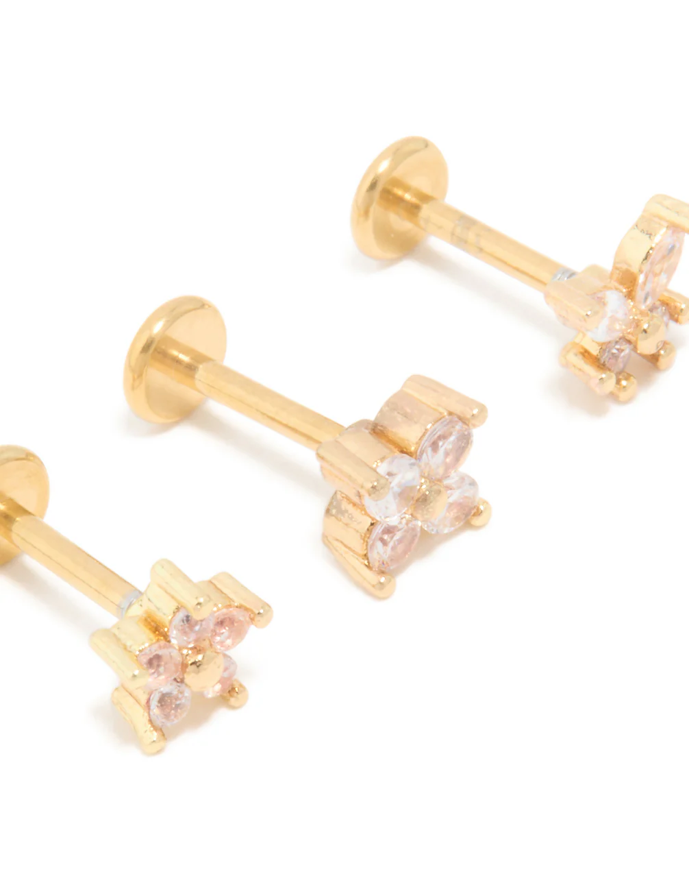 Gold Plated Surgical Steel Cubic Zirconia Floral Flat Back Studs 3-Pack - Image 2
