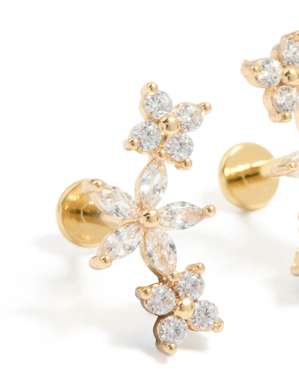 Gold Plated Surgical Steel Cubic Zirconia Flower Claw Flat Back Studs 2-Pack - Image 2