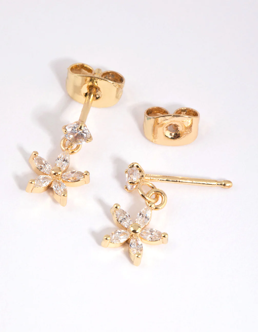 Gold Plated Surgical Steel Cubic Zirconia Flower Drop Stud Earrings - Image 2