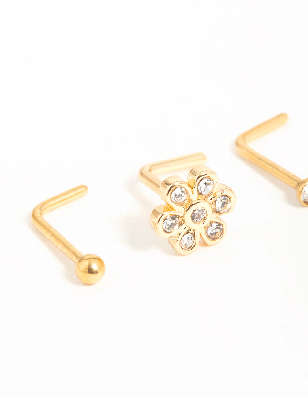 Gold Plated Surgical Steel Cubic Zirconia Flower Nose Piercings 3-Pack - Image 2