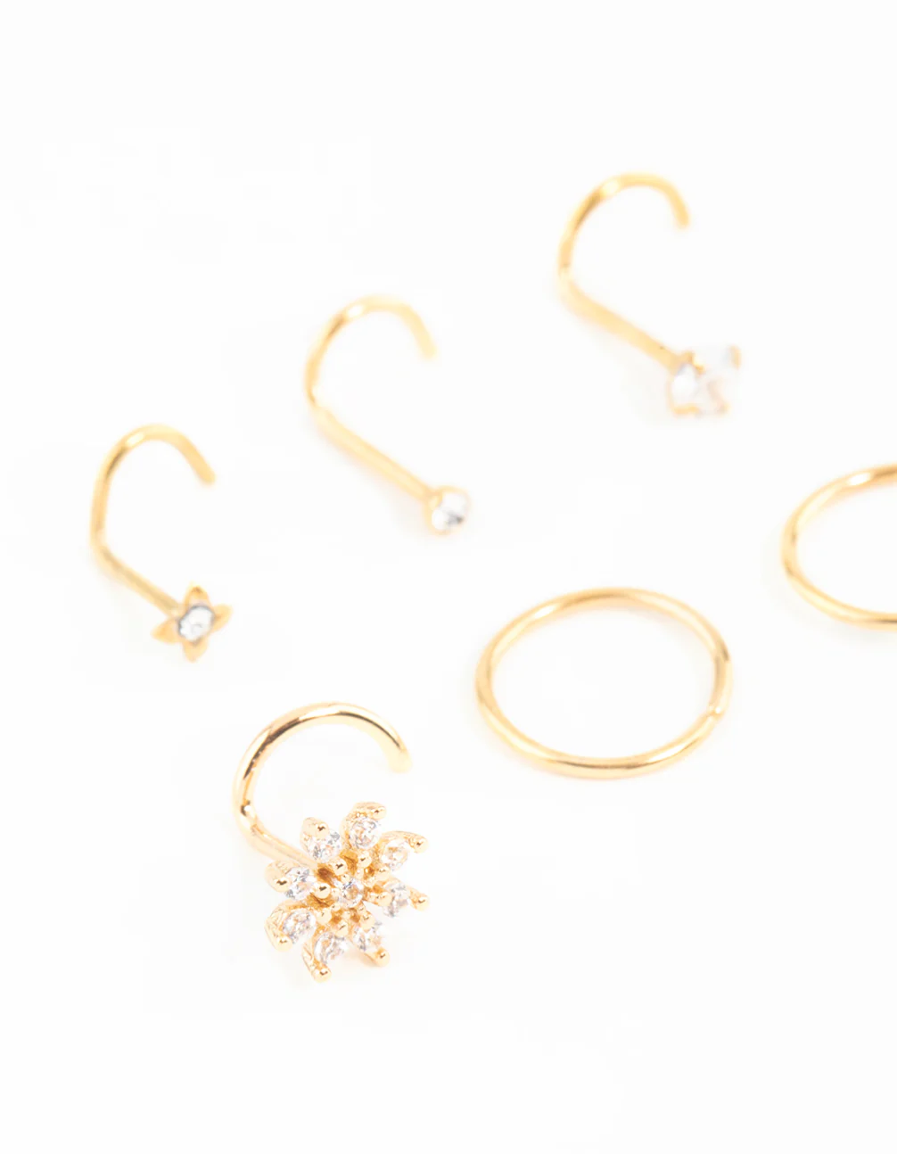 Gold Plated Surgical Steel Cubic Zirconia Flower Nose Ring & Stud 6-Pack - Image 2