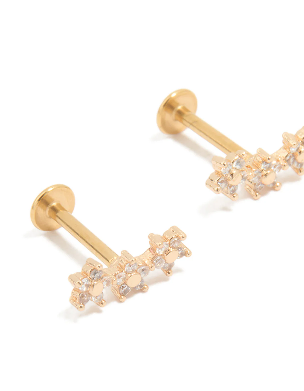 Gold Plated Surgical Steel Cubic Zirconia Flower Trio Flat Back Earrings - Image 2