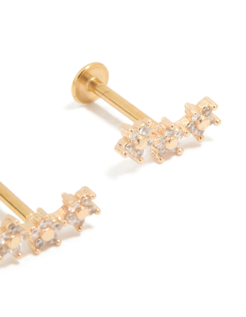 Gold Plated Surgical Steel Cubic Zirconia Flower Trio Flat Back Earrings - Image 3