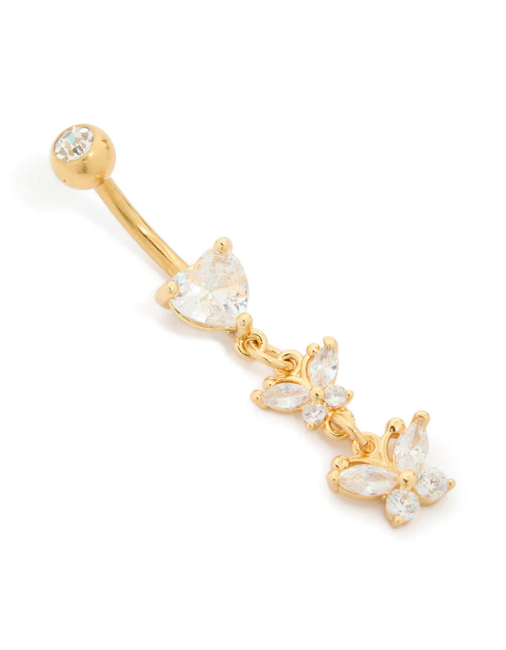 Gold Plated Surgical Steel Cubic Zirconia Heart & Butterfly Drop Belly Bar - Image 2