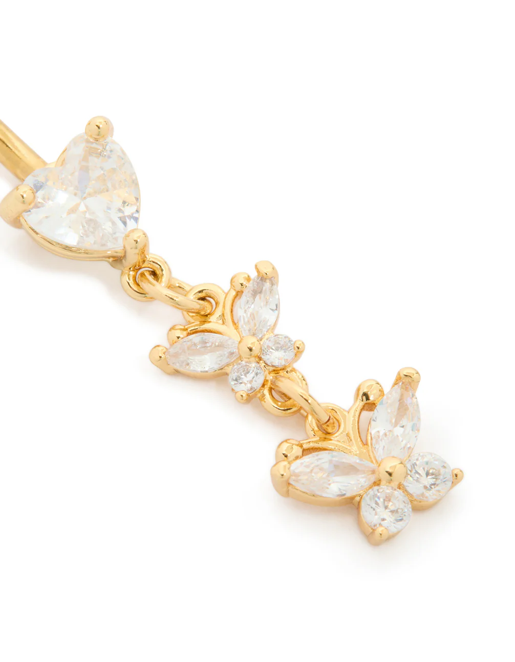 Gold Plated Surgical Steel Cubic Zirconia Heart & Butterfly Drop Belly Bar - Image 3