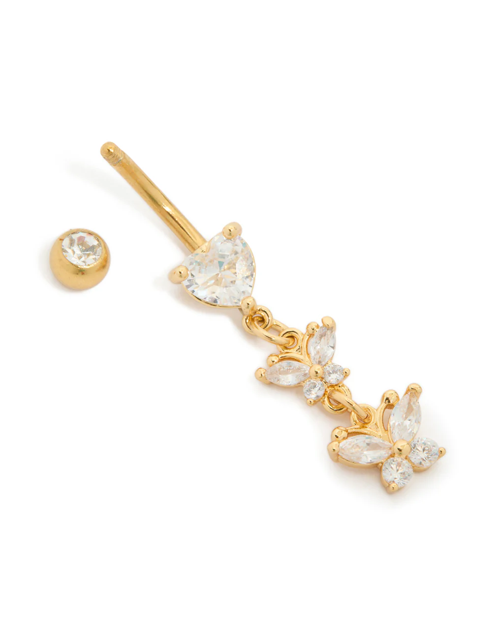 Gold Plated Surgical Steel Cubic Zirconia Heart & Butterfly Drop Belly Bar - Image 4