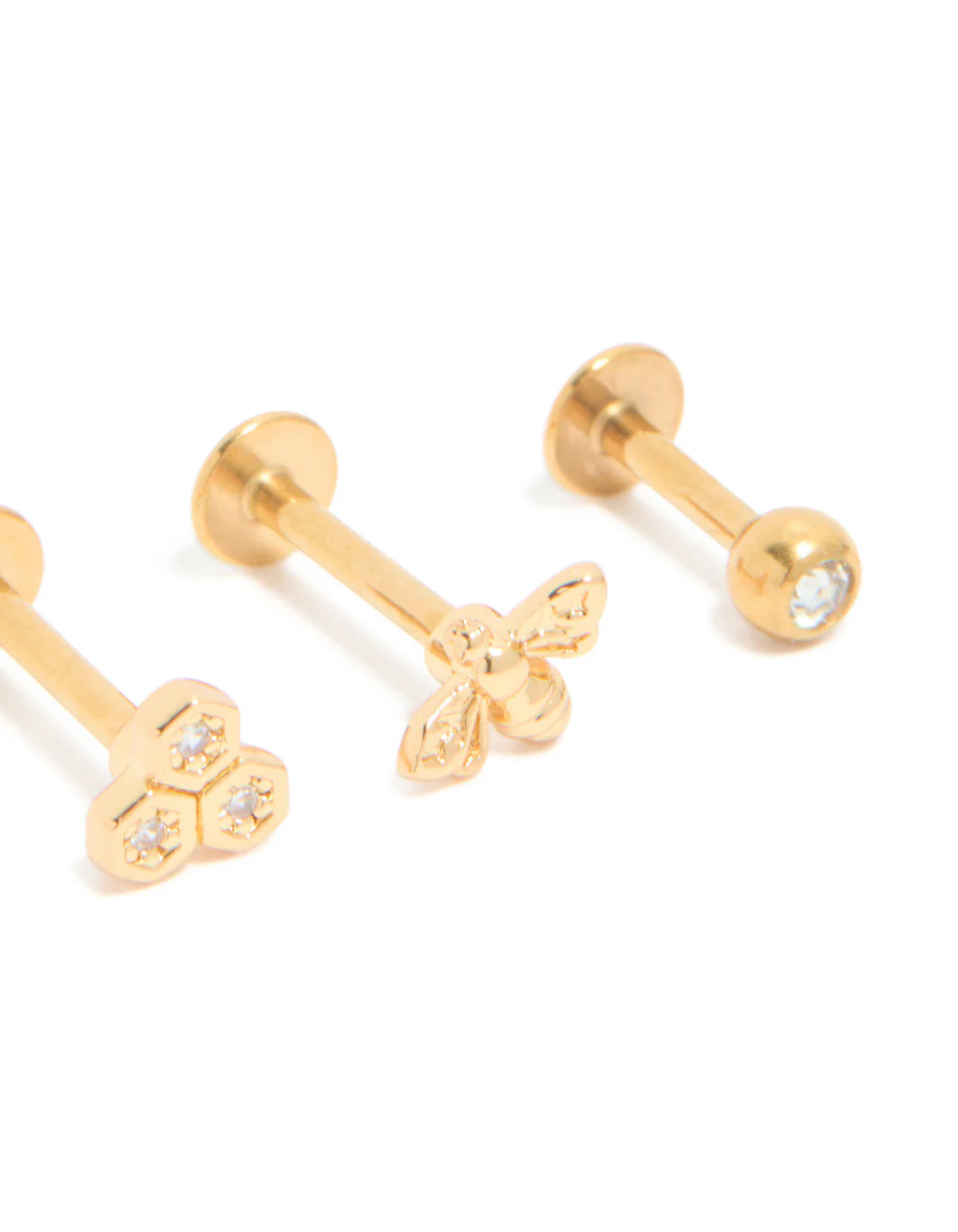 Gold Plated Surgical Steel Cubic Zirconia & Honey Bee Flat Back Studs 3-Pack - Image 2