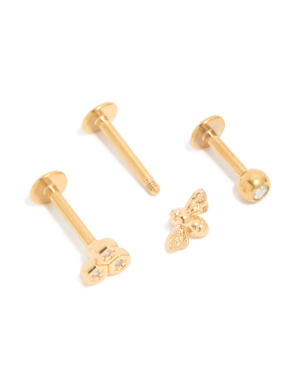 Gold Plated Surgical Steel Cubic Zirconia & Honey Bee Flat Back Studs 3-Pack - Image 3