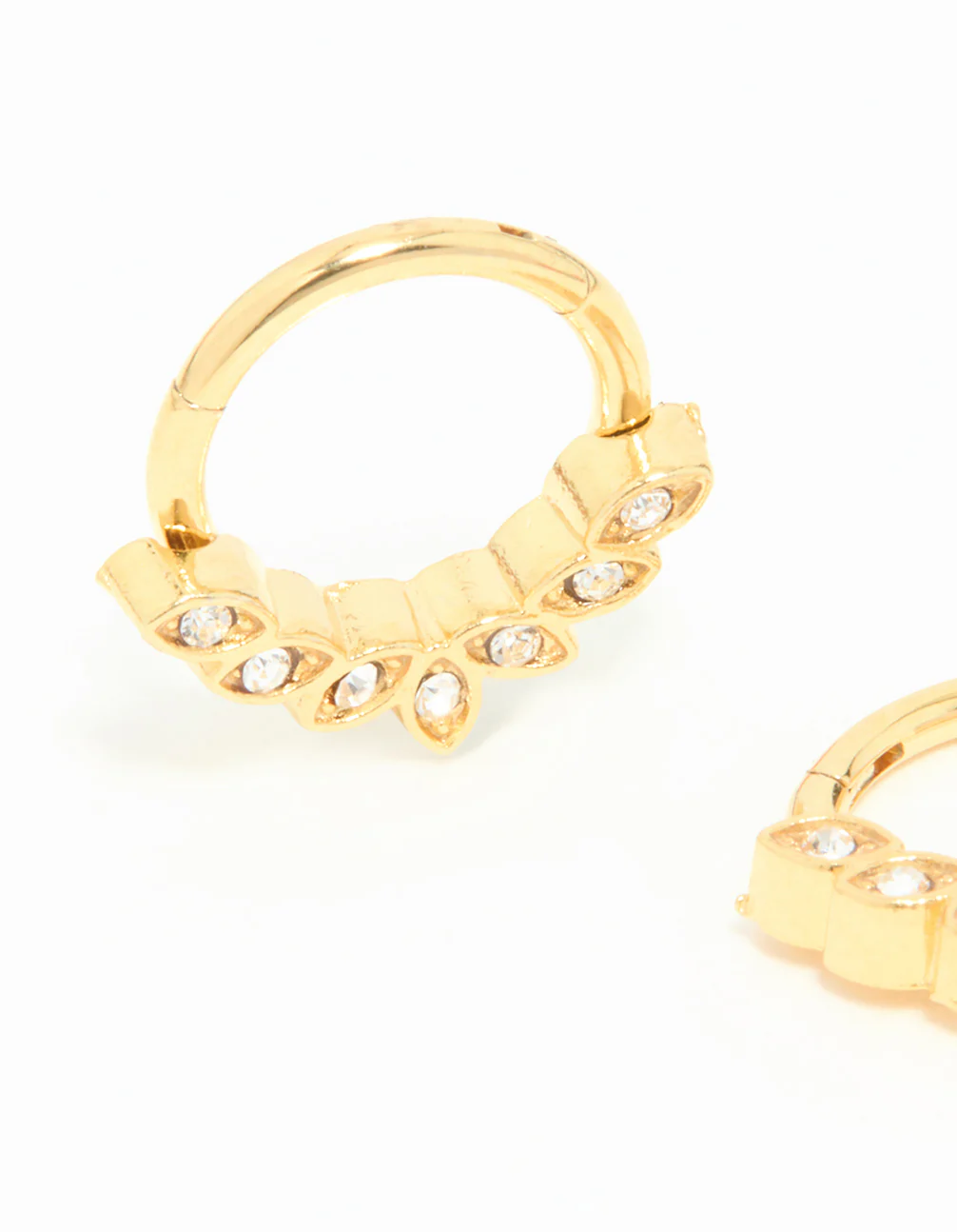 Gold Plated Surgical Steel Cubic Zirconia Leaf Clicker Sleeper Hoop Earrings - Image 4