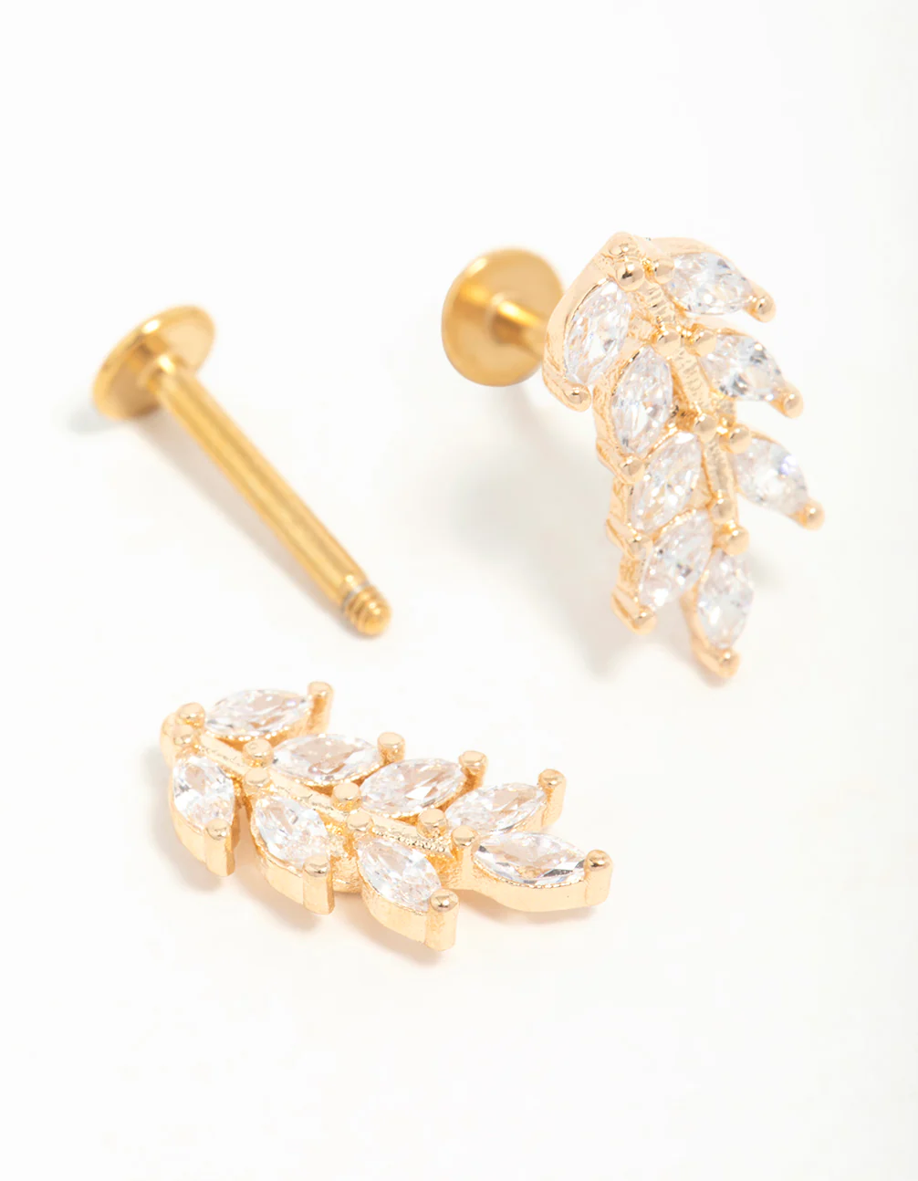 Gold Plated Surgical Steel Cubic Zirconia Leaf Flat Back Earrings - Image 4
