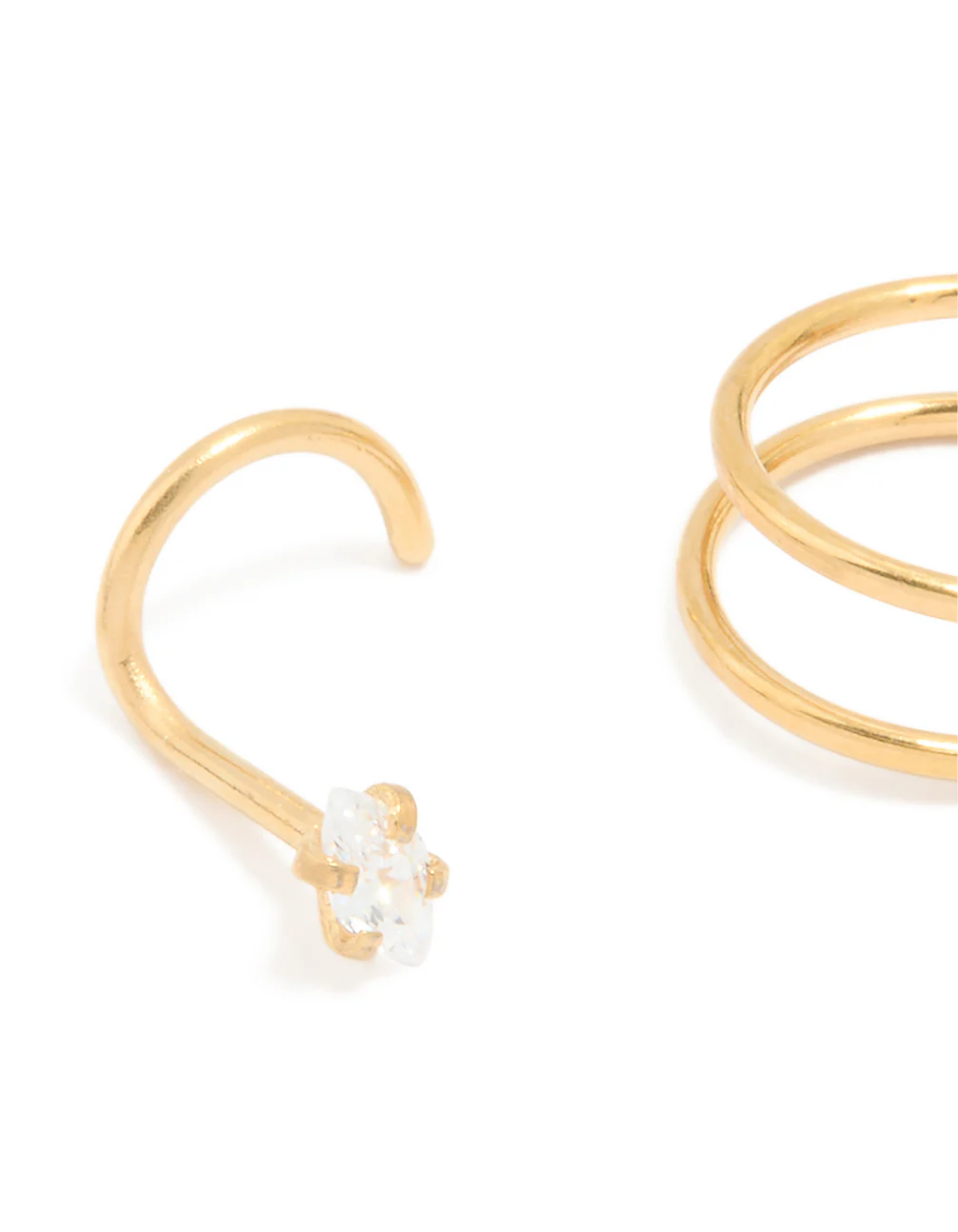 Gold Plated Surgical Steel Cubic Zirconia Nose Hook Studs & Nose Ring 3-Pack - Image 2