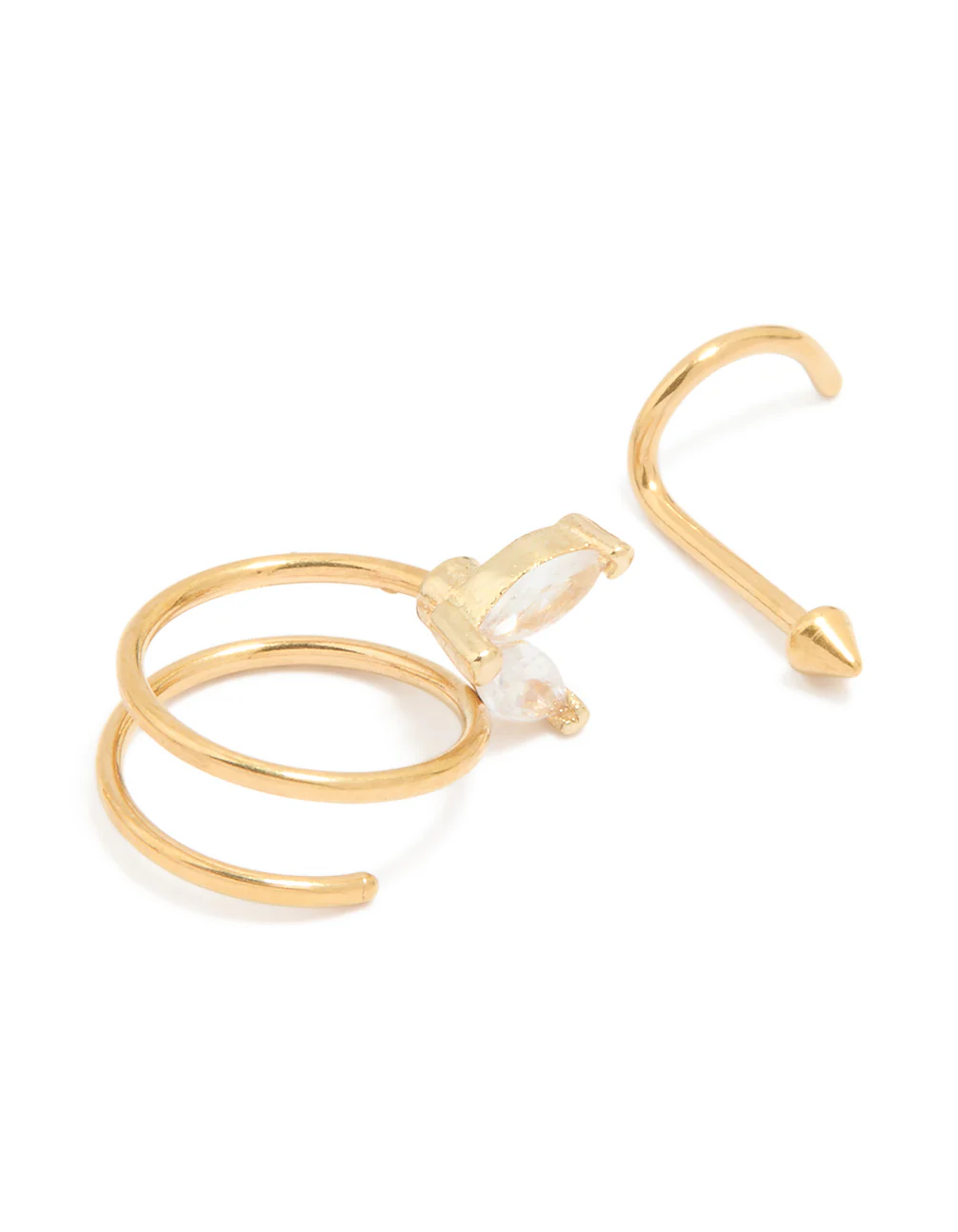 Gold Plated Surgical Steel Cubic Zirconia Nose Hook Studs & Nose Ring 3-Pack - Image 3