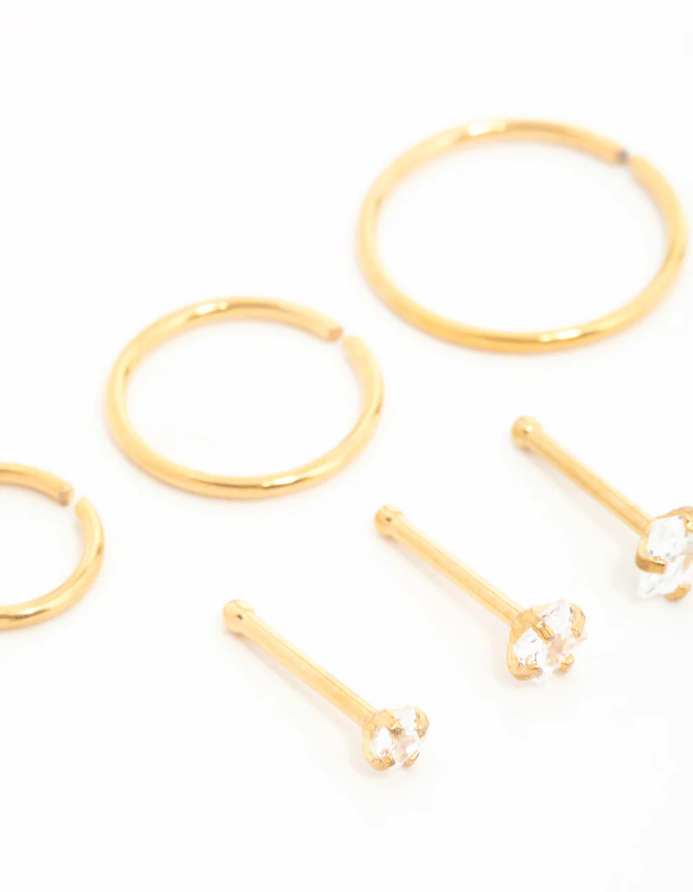 Gold Plated Surgical Steel Cubic Zirconia Stud & Hoop Nose Piercings 6-Pack - Image 2