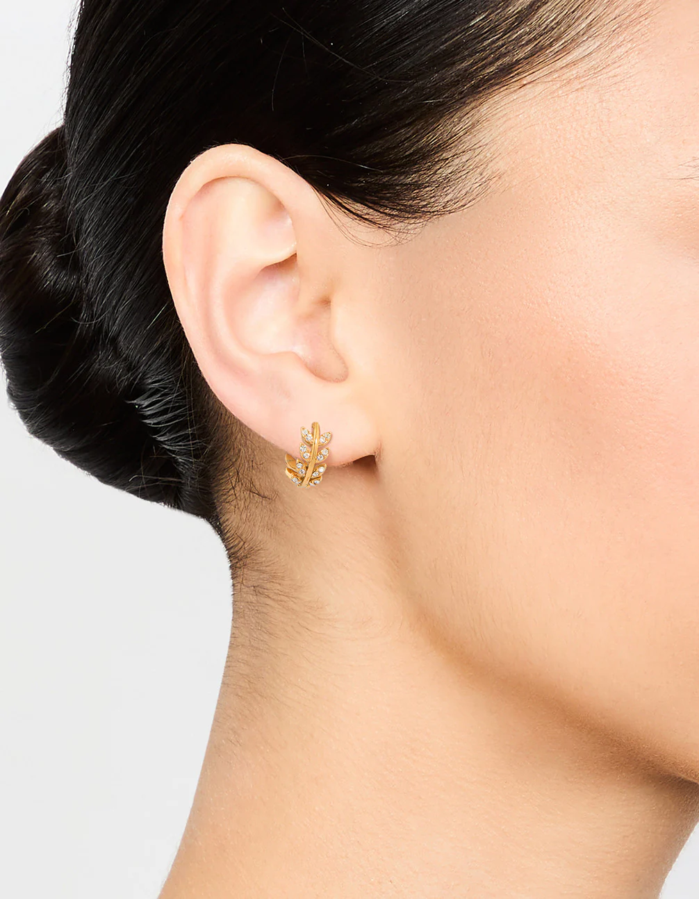Gold Plated Surgical Steel Diamante Leaf Huggie Earrings - Image 2