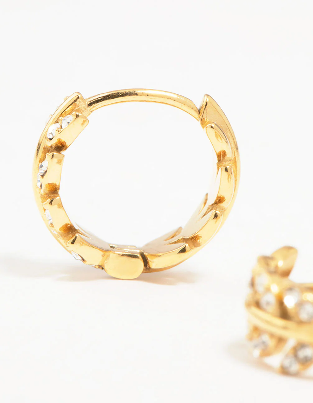 Gold Plated Surgical Steel Diamante Leaf Huggie Earrings - Image 4