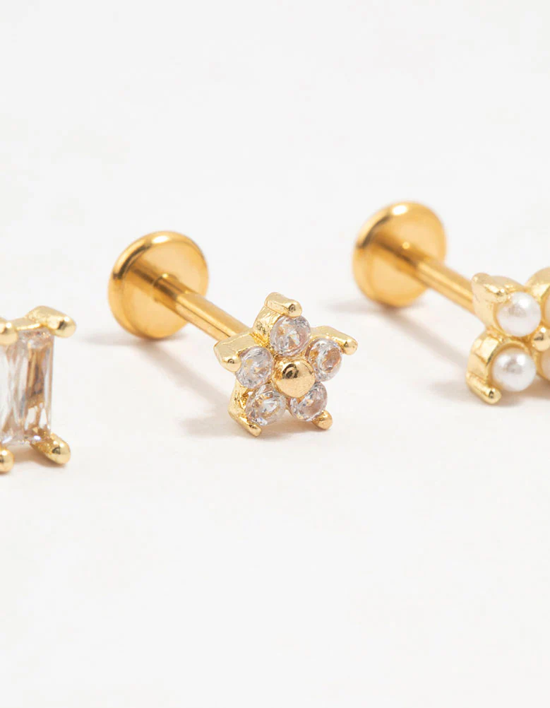 Gold Plated Surgical Steel Flower & Baguette Flat Backs 3-Pack - Image 2