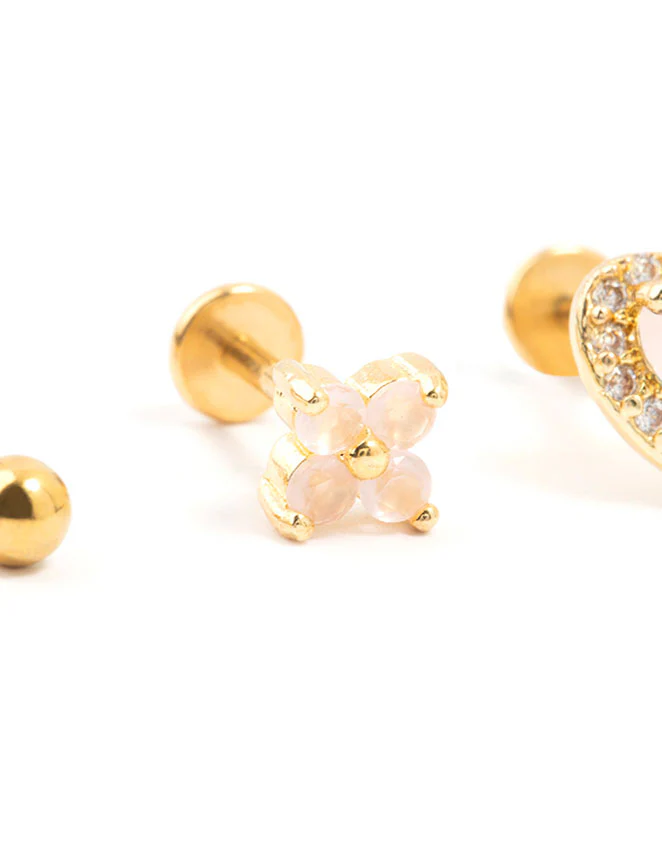 Gold Plated Surgical Steel Heart and Flower Flat Backs 3-Pack - Image 2