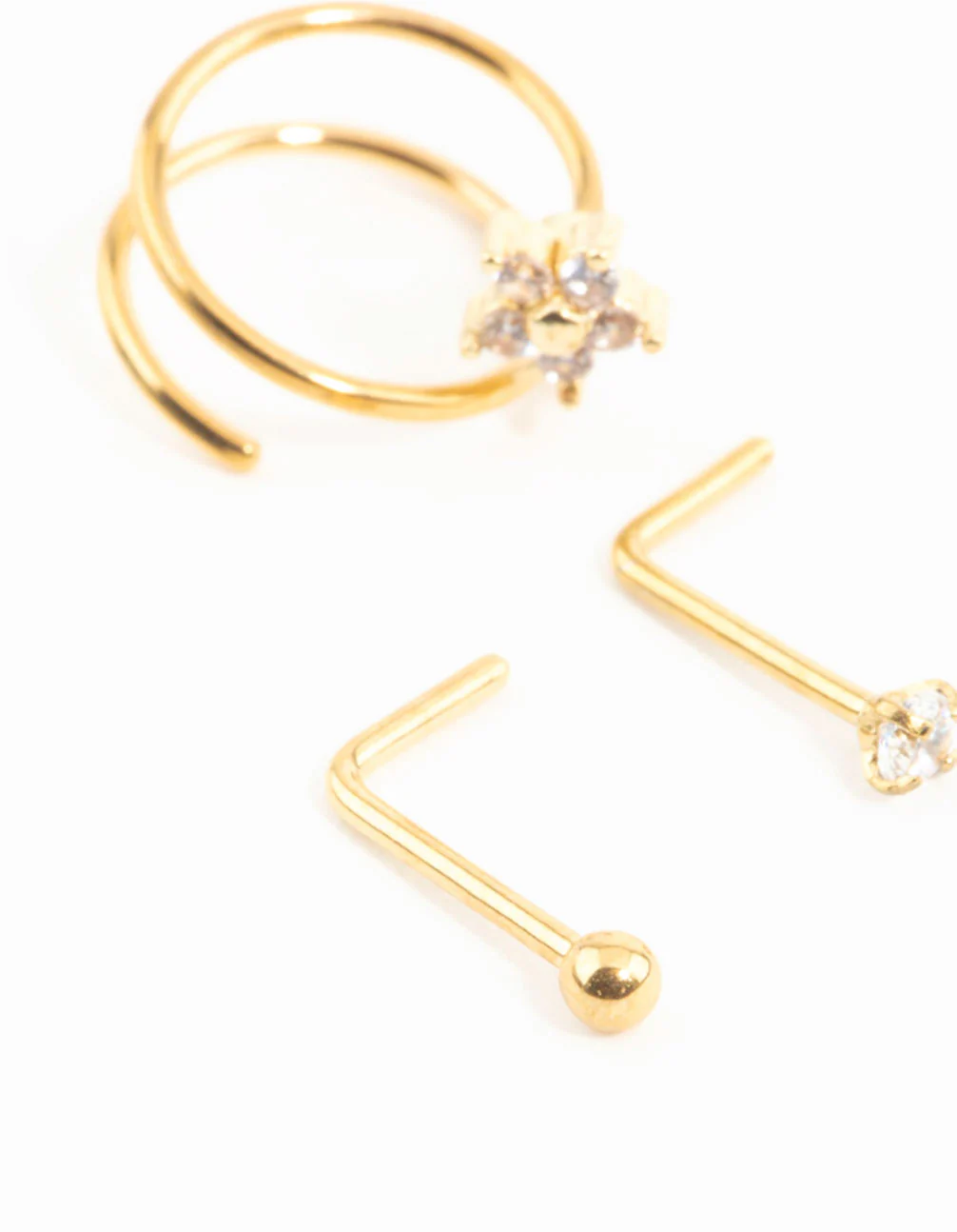 Gold Plated Surgical Steel Mini Cubic Zirconia Flower Nose Stud & Ring 3-Pack - Image 2