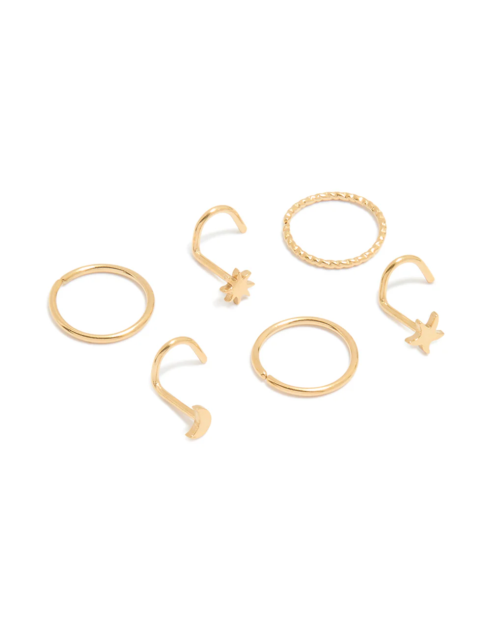 Gold Plated Surgical Steel Star & Moon Nose Piercings 6-Pack - Image 2