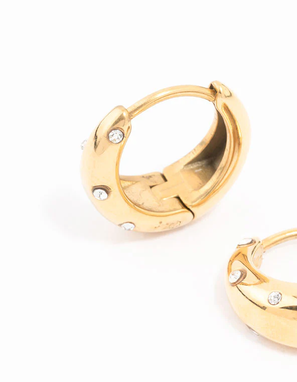 Waterproof Gold Plated Stainless Steel Crystal Huggie Hoop Earrings - Image 4