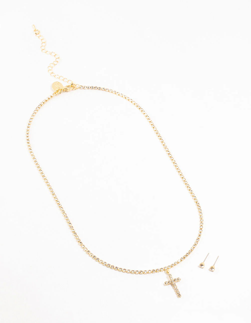 Gold Plated Tennis Cross Necklace & Stud Earrings Set - Image 2