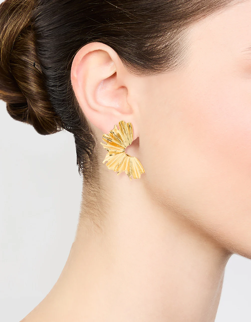 Gold Plated Textured Fan Stud Earrings - Image 2