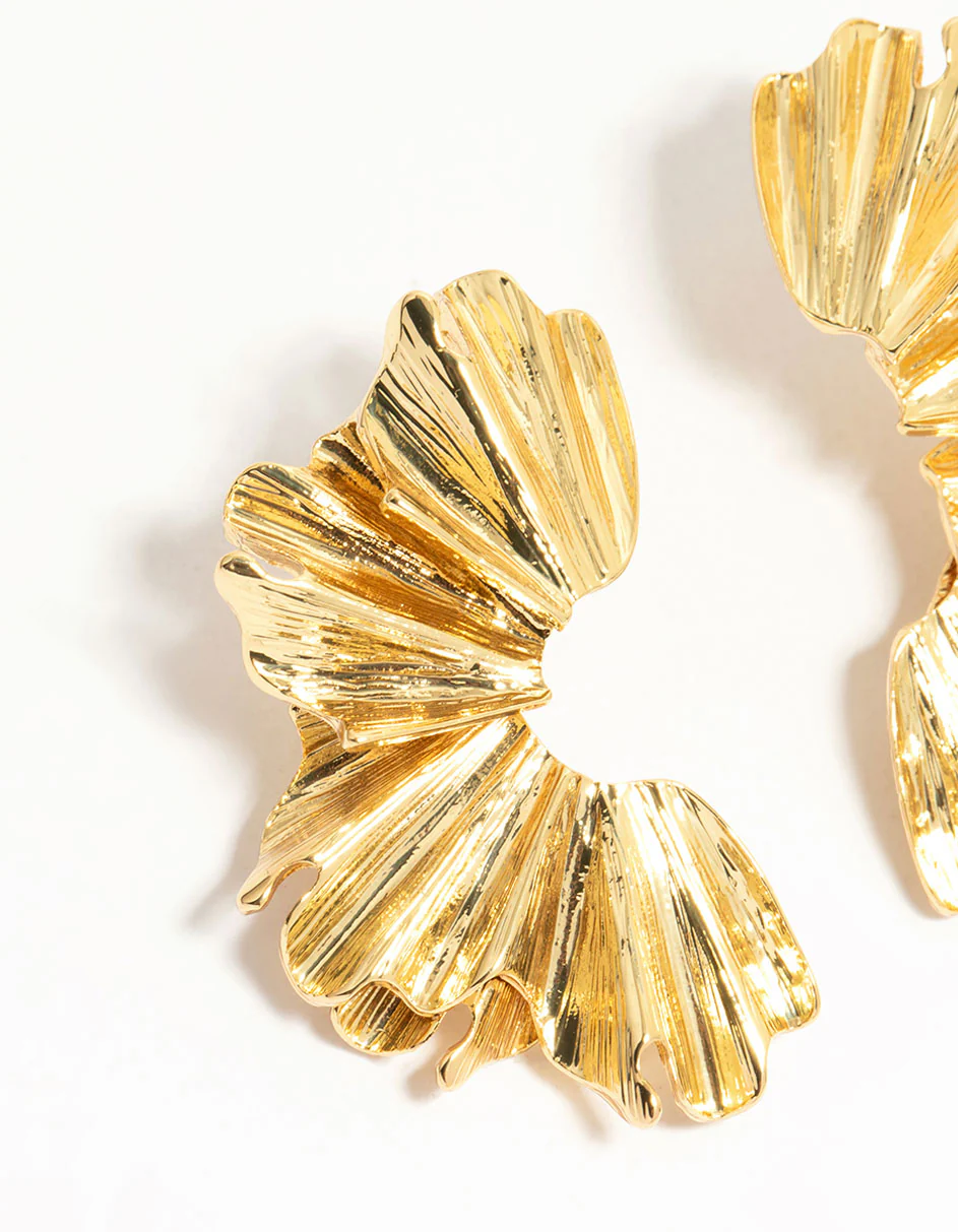 Gold Plated Textured Fan Stud Earrings - Image 4
