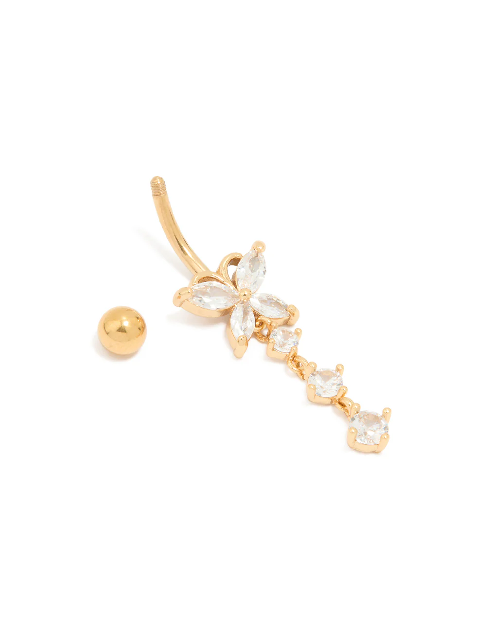 Gold Plated Titanium Cubic Zirconia Butterfly Drop Belly Bar - Image 3