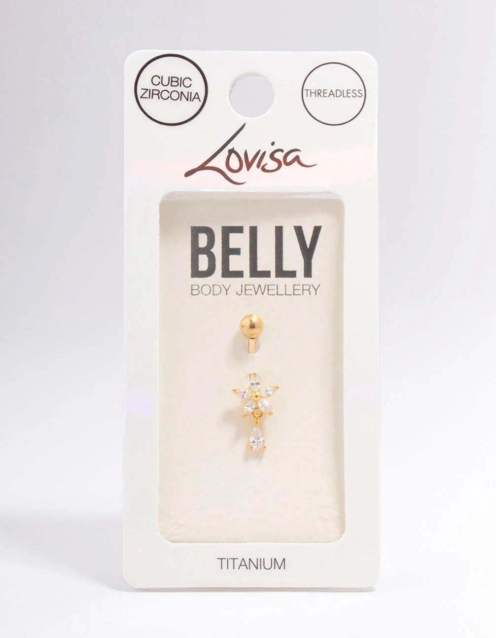 Gold Plated Titanium Cubic Zirconia Flower Pear Threadless Belly Bar - Image 3
