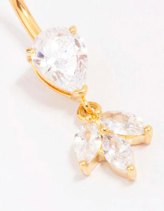 Gold Plated Titanium Cubic Zirconia Marquise Threadless Belly Bar - Image 2