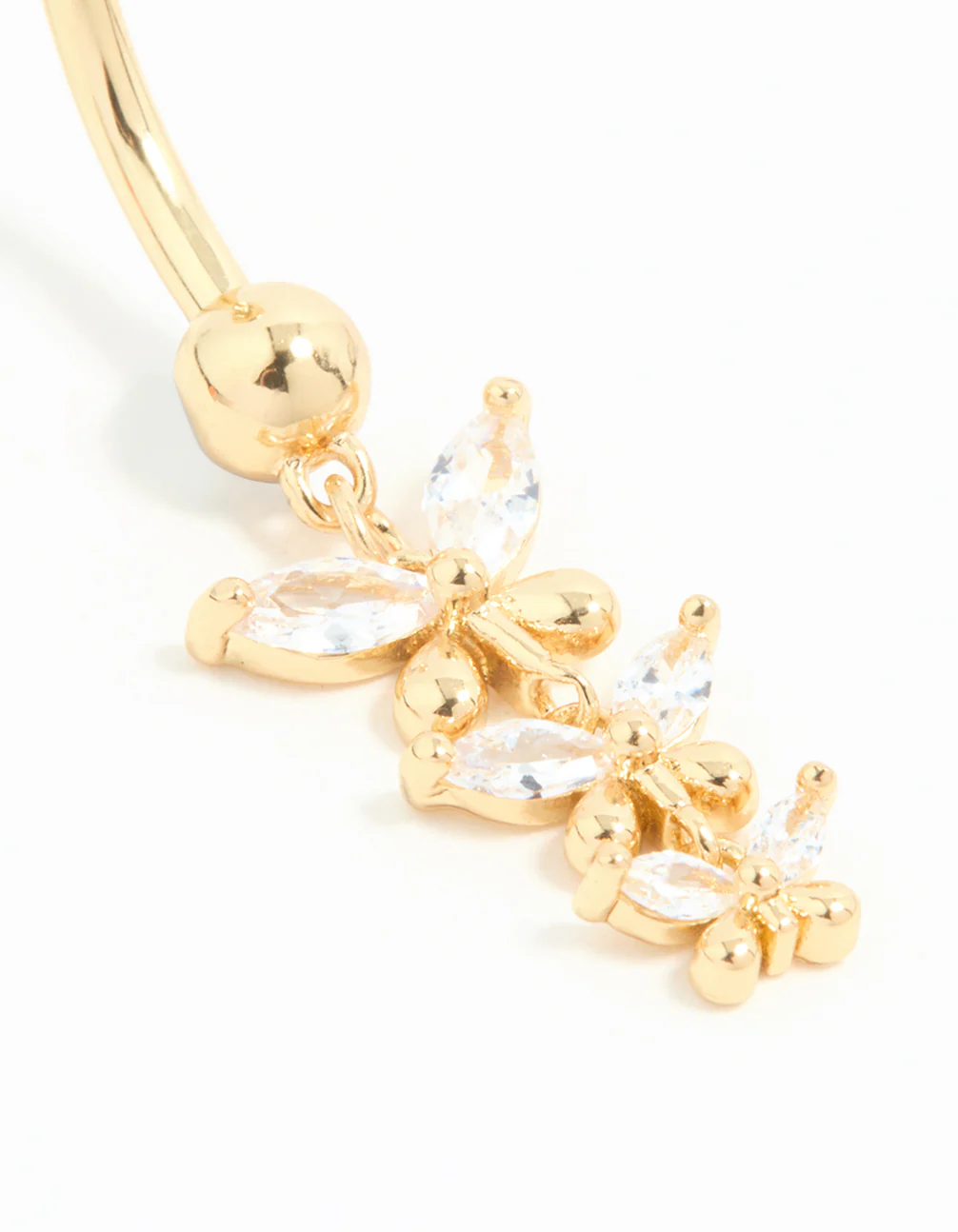 Gold Plated Titanium Cubic Zirconia Triangular Butterfly Drop Belly Bar - Image 2