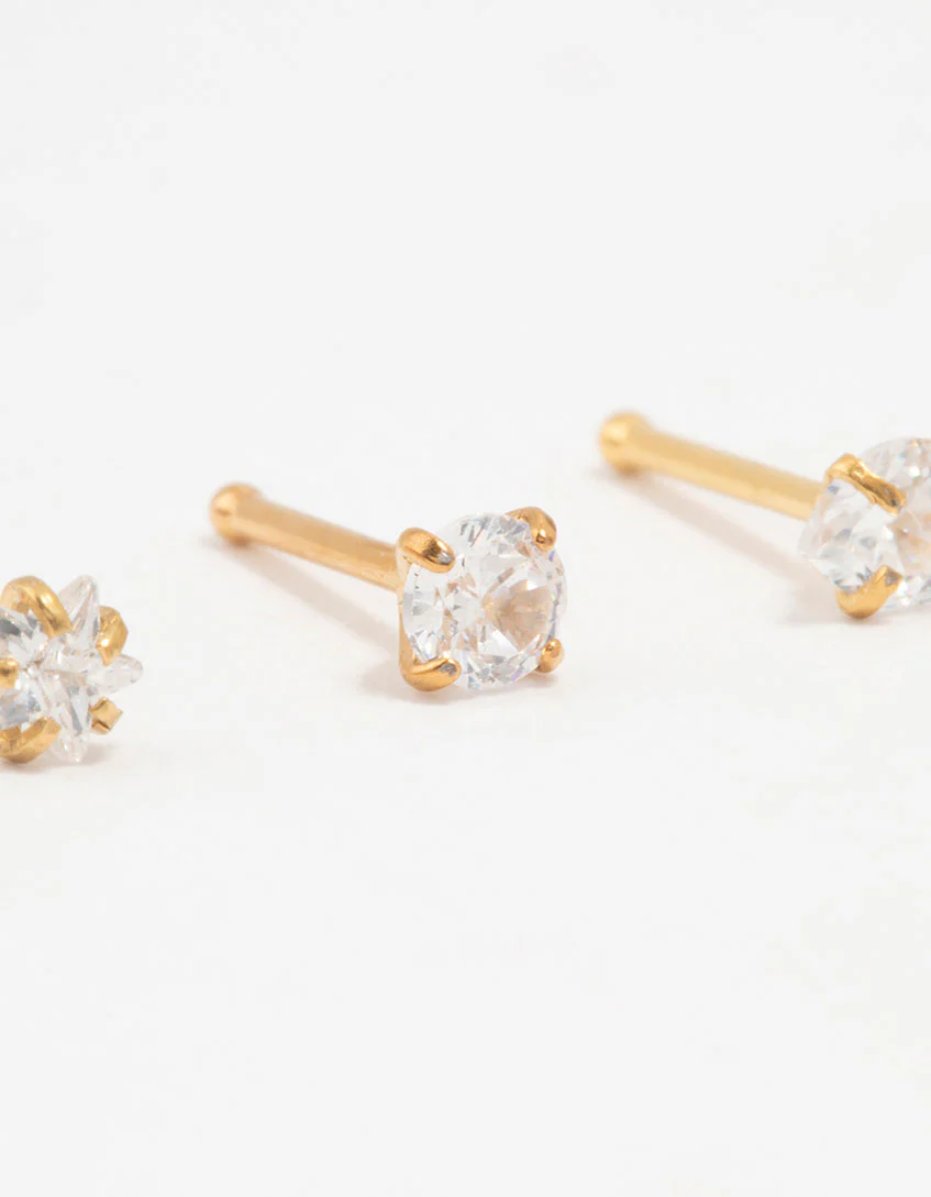 Gold Plated Titanium Graduating Cubic Zirconia Nose Studs 3-Pack - Image 2