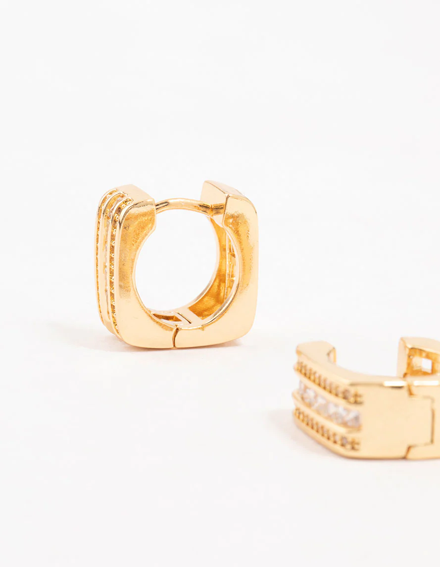 Gold Plated Trio Pave Set Diamante  Square Hoop Earrings - Image 2