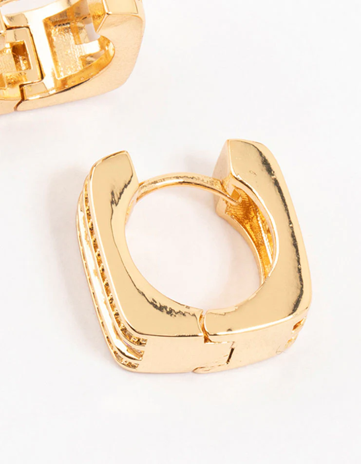 Gold Plated Trio Pave Set Diamante  Square Hoop Earrings - Image 3