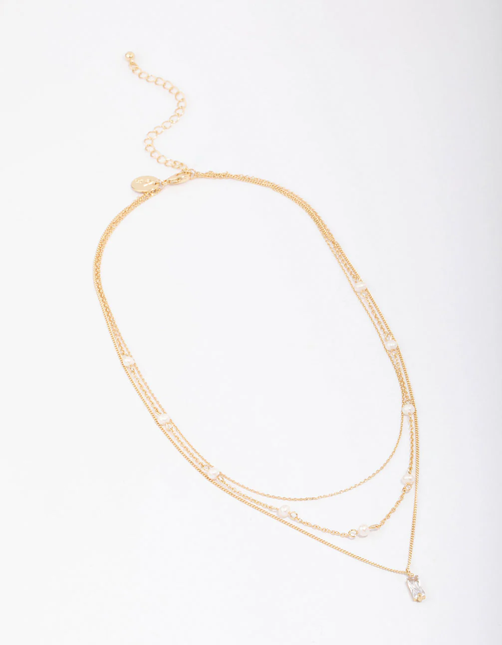 Gold Plated Brass Trio Pearl Baguette Layered Necklace - Image 2