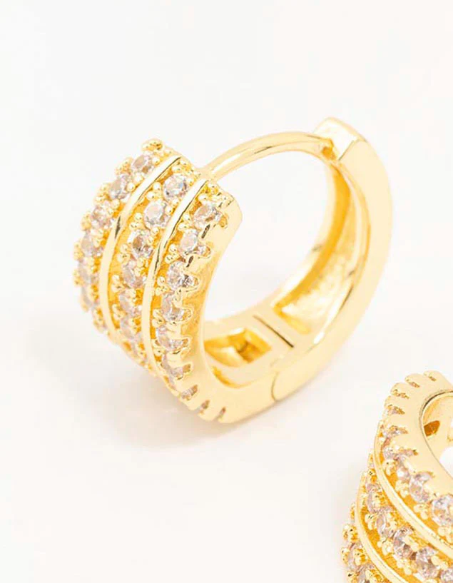 Gold Plated Triple Pave Hoop Earrings - Image 2