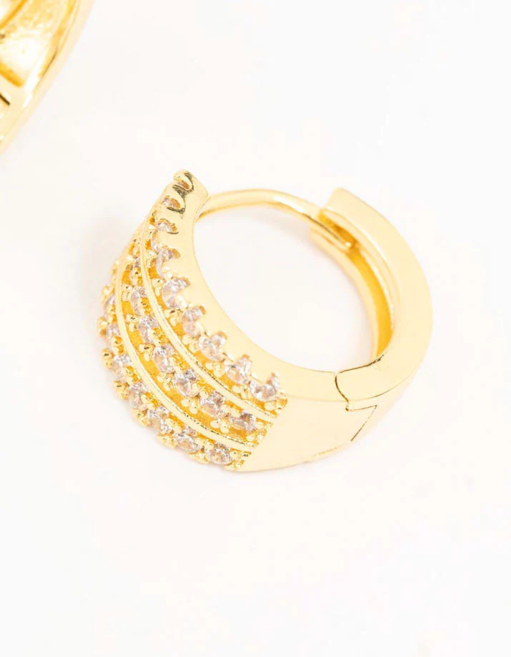 Gold Plated Triple Pave Hoop Earrings - Image 3