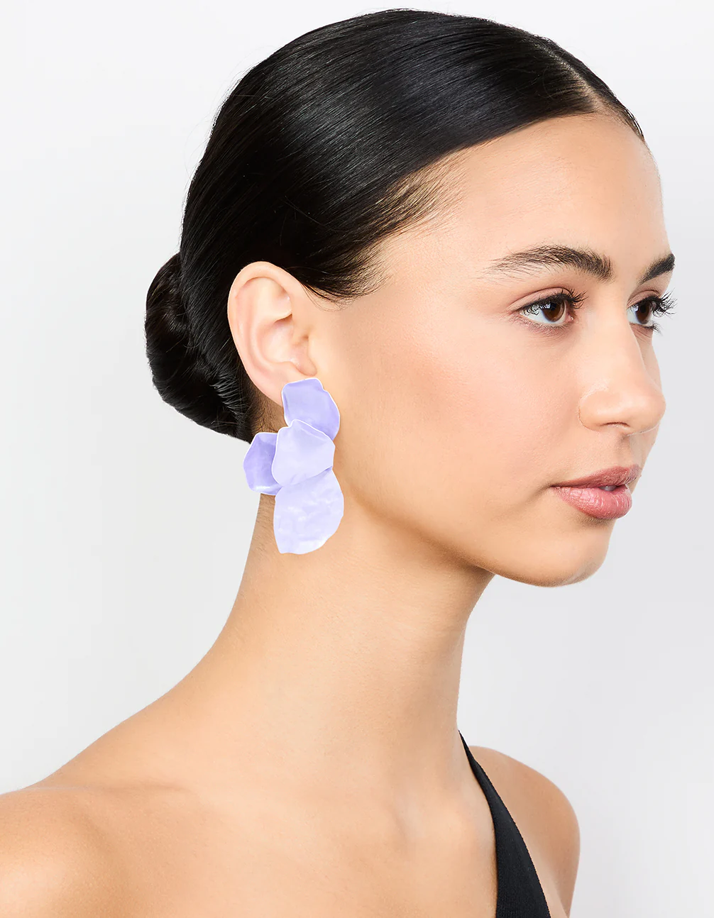 Gold Purple Coated Metal Flower Petal Drop Earrings - Image 3