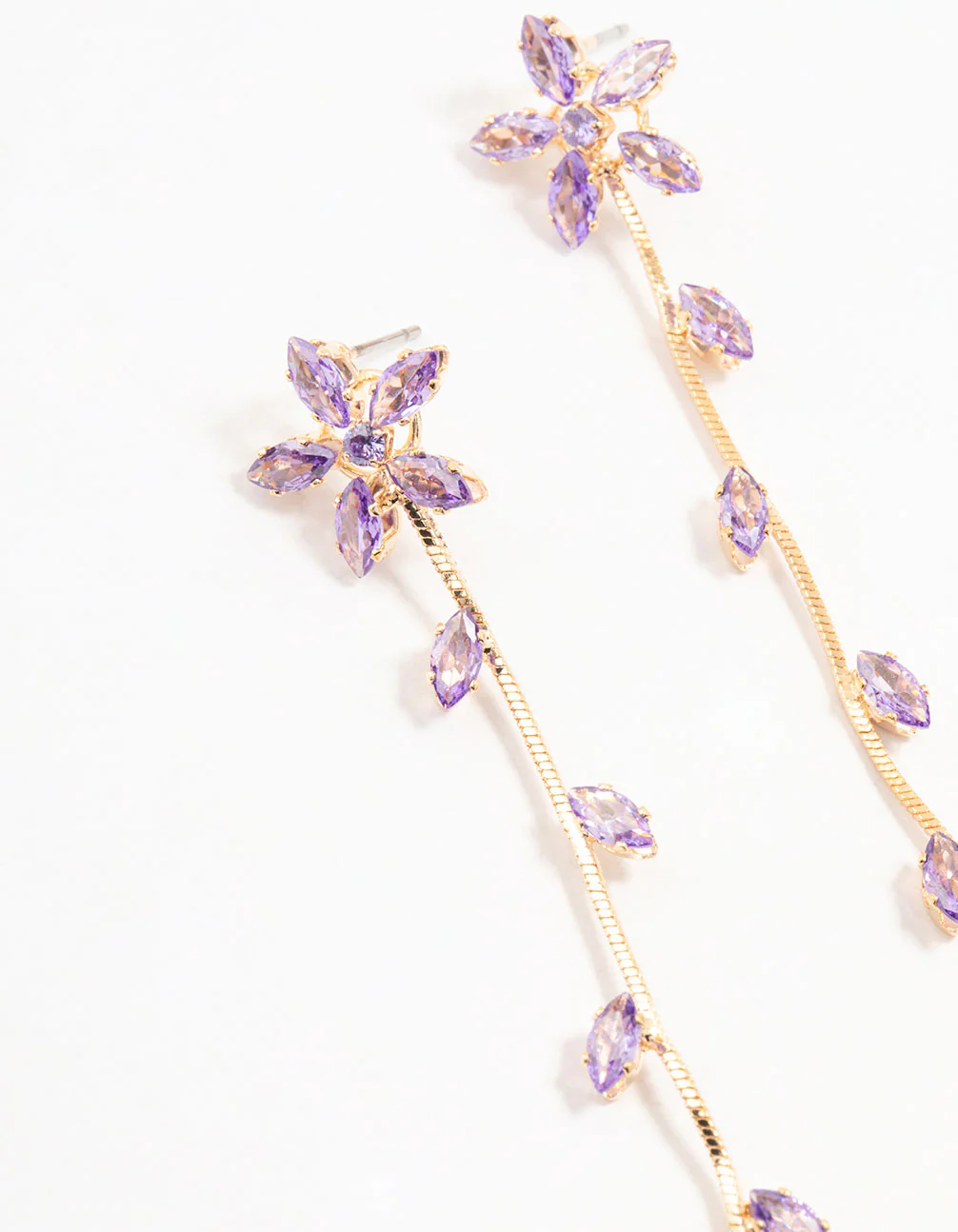 Gold Purple Cubic Zirconia Flower Vine Drop Earrings - Image 2