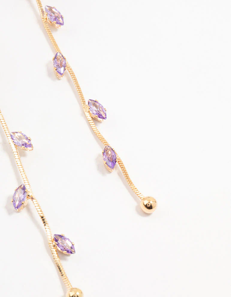 Gold Purple Cubic Zirconia Flower Vine Drop Earrings - Image 3