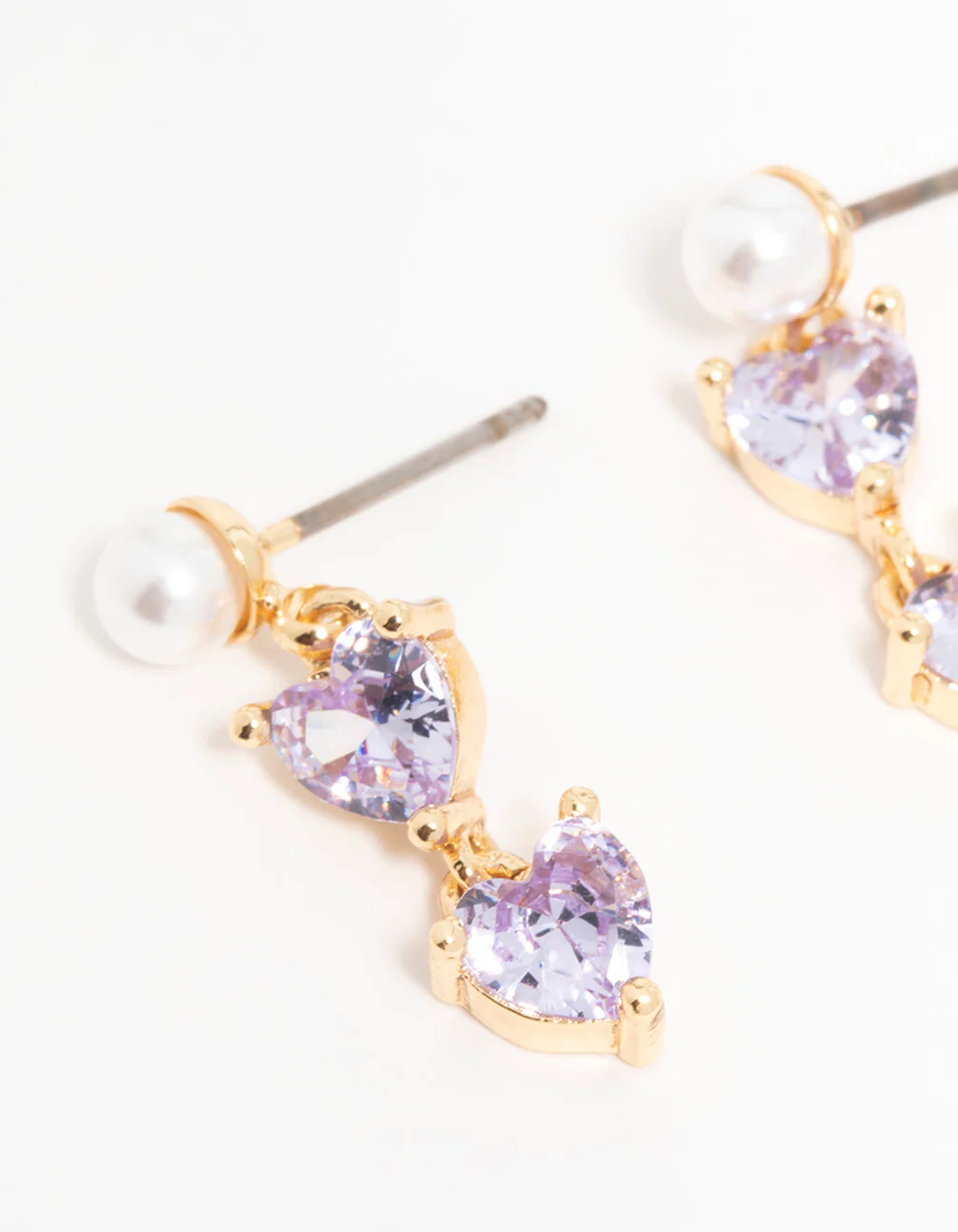 Gold Plated Purple Cubic Zirconia Pearl Dainty Heart Drop Earrings - Image 2