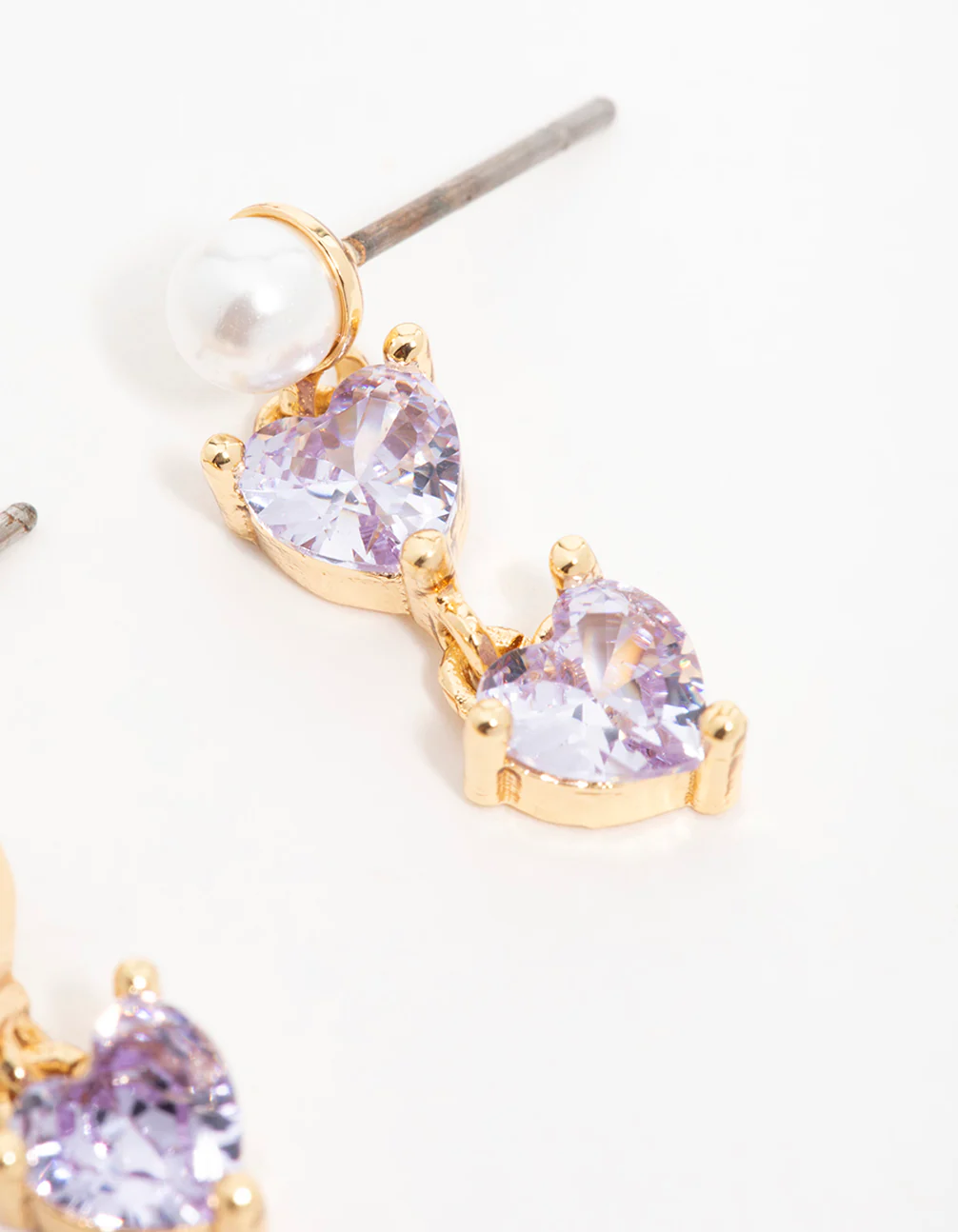 Gold Plated Purple Cubic Zirconia Pearl Dainty Heart Drop Earrings - Image 3
