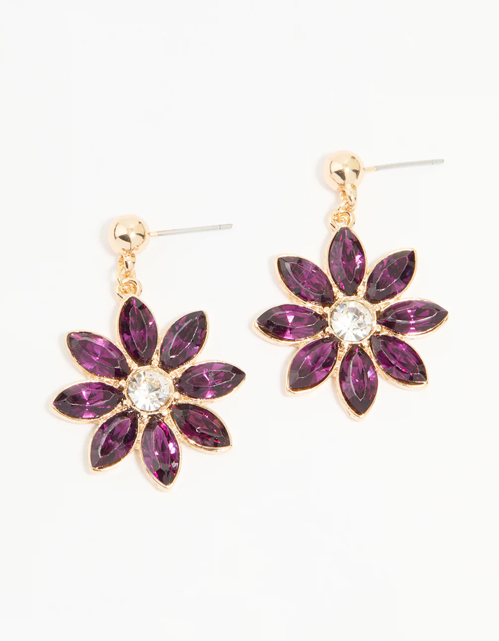 Gold Purple Diamante Flower Drop Earrings